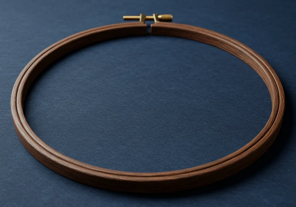 Wooden embroidery hoop on a neutral beige background.