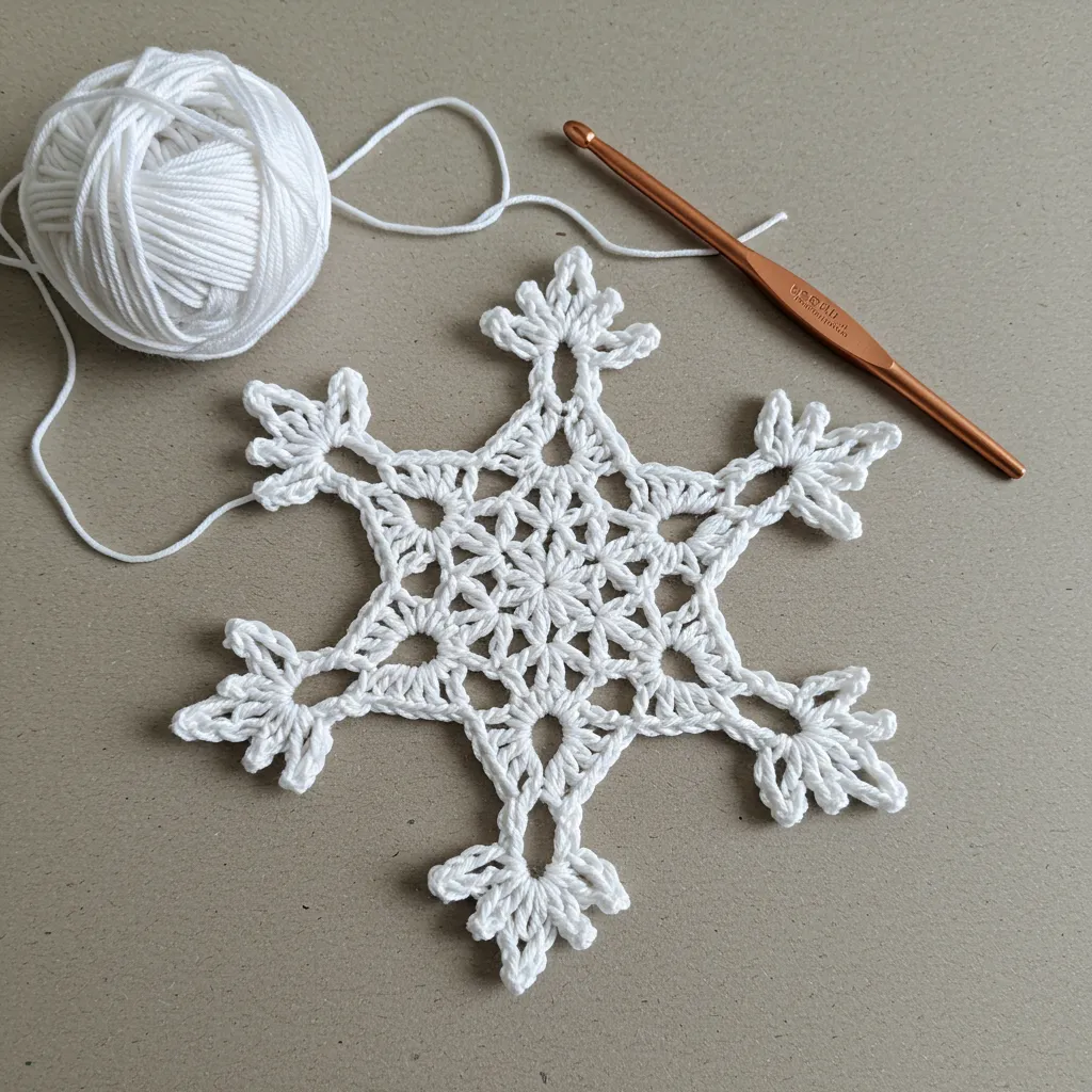 Crochet Snowflake Pattern Materials: White yarn (or any color you prefer) Crochet hook (size 2.5mm to 3.5mm depending on the thickness of the yarn) Scissors Yarn needle (for weaving in ends) Abbreviations: ch = chain sl st = slip stitch dc = double crochet tr = treble crochet sp = space Instructions: Start with a magic ring or ch 6 and join to form a loop. Round 1: Ch 1 (does not count as a st). 12 sc into the ring. Join with a sl st to the first sc. (You will have 12 sc stitches.) Round 2: Ch 1 (does not count as a st). In the same stitch, make a dc. Ch 3, skip 1 sc, dc in the next sc. Repeat from * to * around. Join with a sl st to the top of the first dc. (You should have 6 loops of ch 3 spaces around.) Round 3: Sl st to the first ch-3 space. Ch 1, (sc, ch 3, sc) into the ch-3 space. Ch 5, sc in the next ch-3 space, ch 5, (sc, ch 3, sc) in the next ch-3 space. Repeat around. Join with a sl st to the first sc. Round 4 (Optional for a more delicate look): Ch 5, sc in the next ch-5 space, ch 5, (sc, ch 3, sc) in the next ch-3 space. Repeat this pattern all the way around. Finishing: After completing the rounds, finish off and weave in any loose ends with a yarn needle. This will give you a beautiful and simple crochet snowflake! You can adjust the number of chains, or even use a larger hook and thicker yarn for a bigger snowflake. Experiment with different colors to create a variety of snowflakes to hang on your tree or use in decorations.